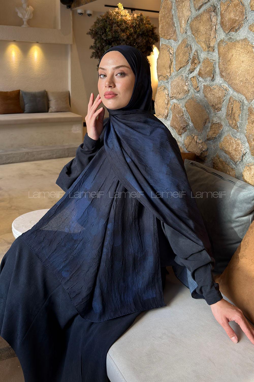 Lamelif Bulut Desen Bambu Şal Lacivert
