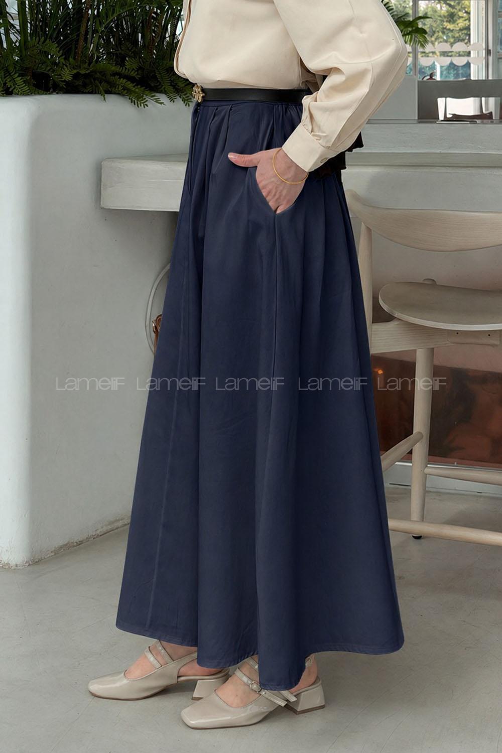 Navy Blue Linen Unprinted Flare Skirt
