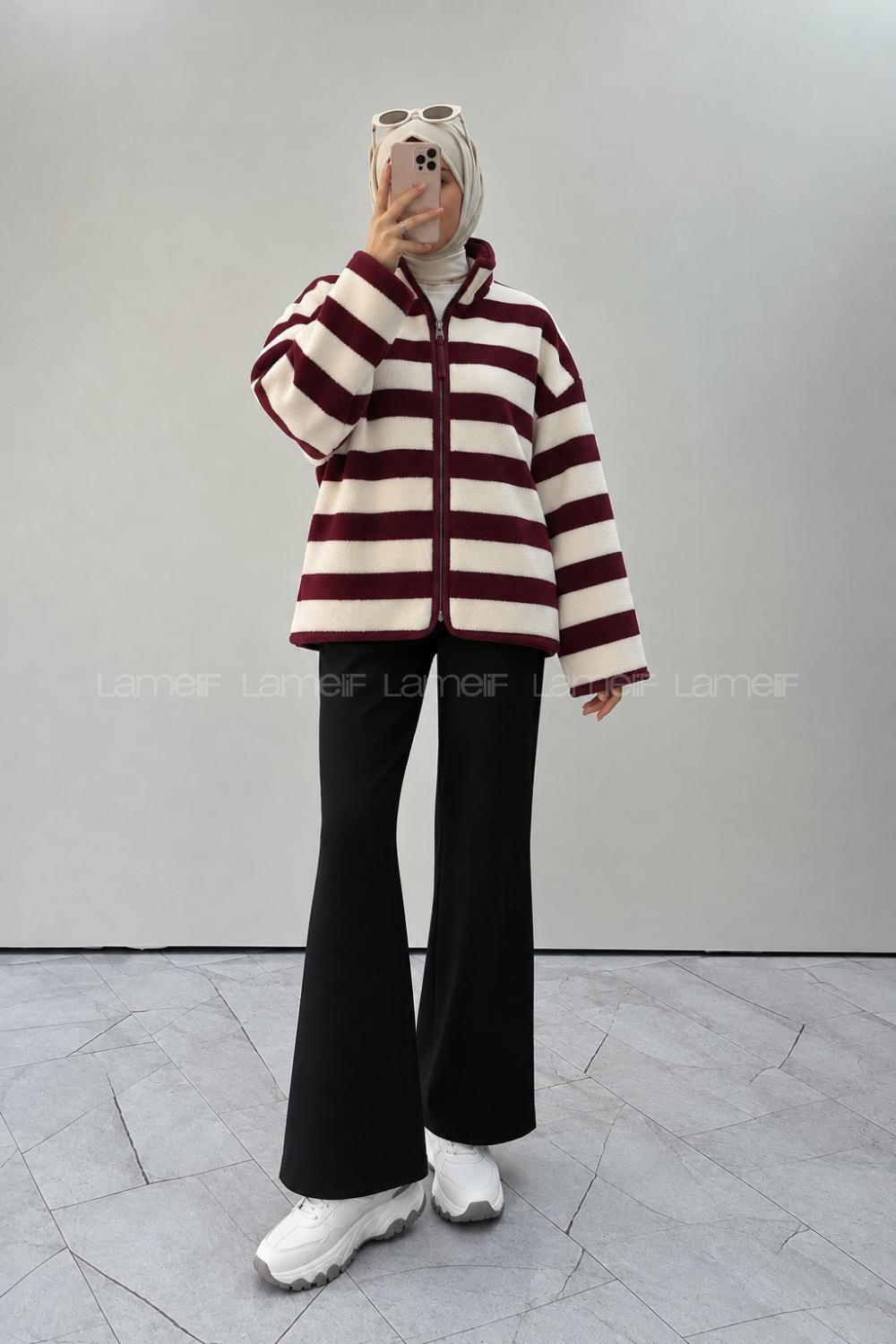 Lamelif Çizgili Polar Sweatshirt Bordo