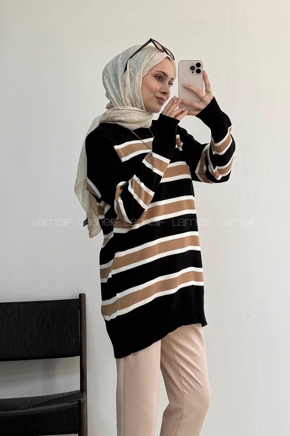 Lamelif Çizgili Triko Kazak Siyah-Camel