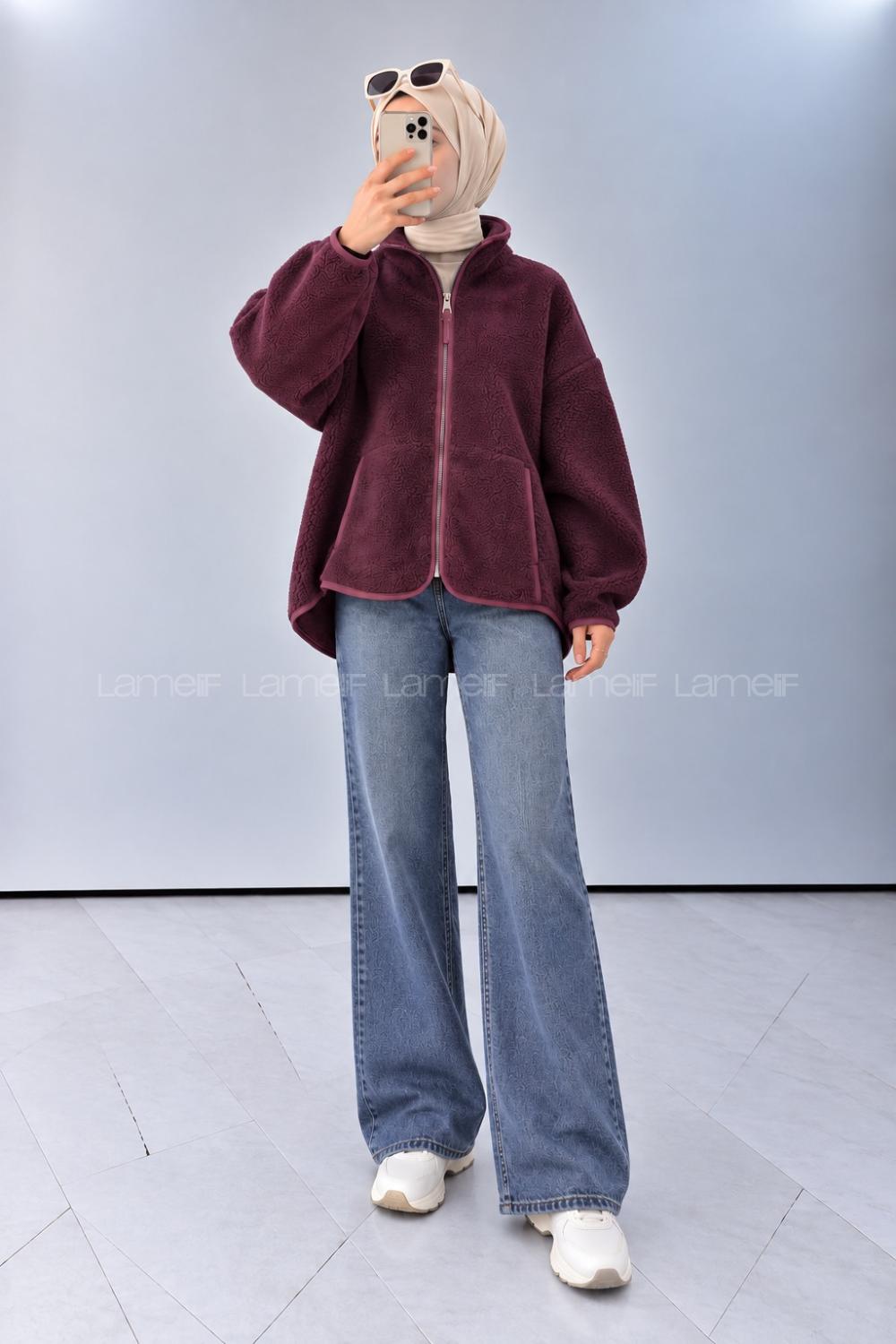 Lamelif Dik Yaka Önü Fermuar Kapamalı Polar Sweatshirt Mürdüm