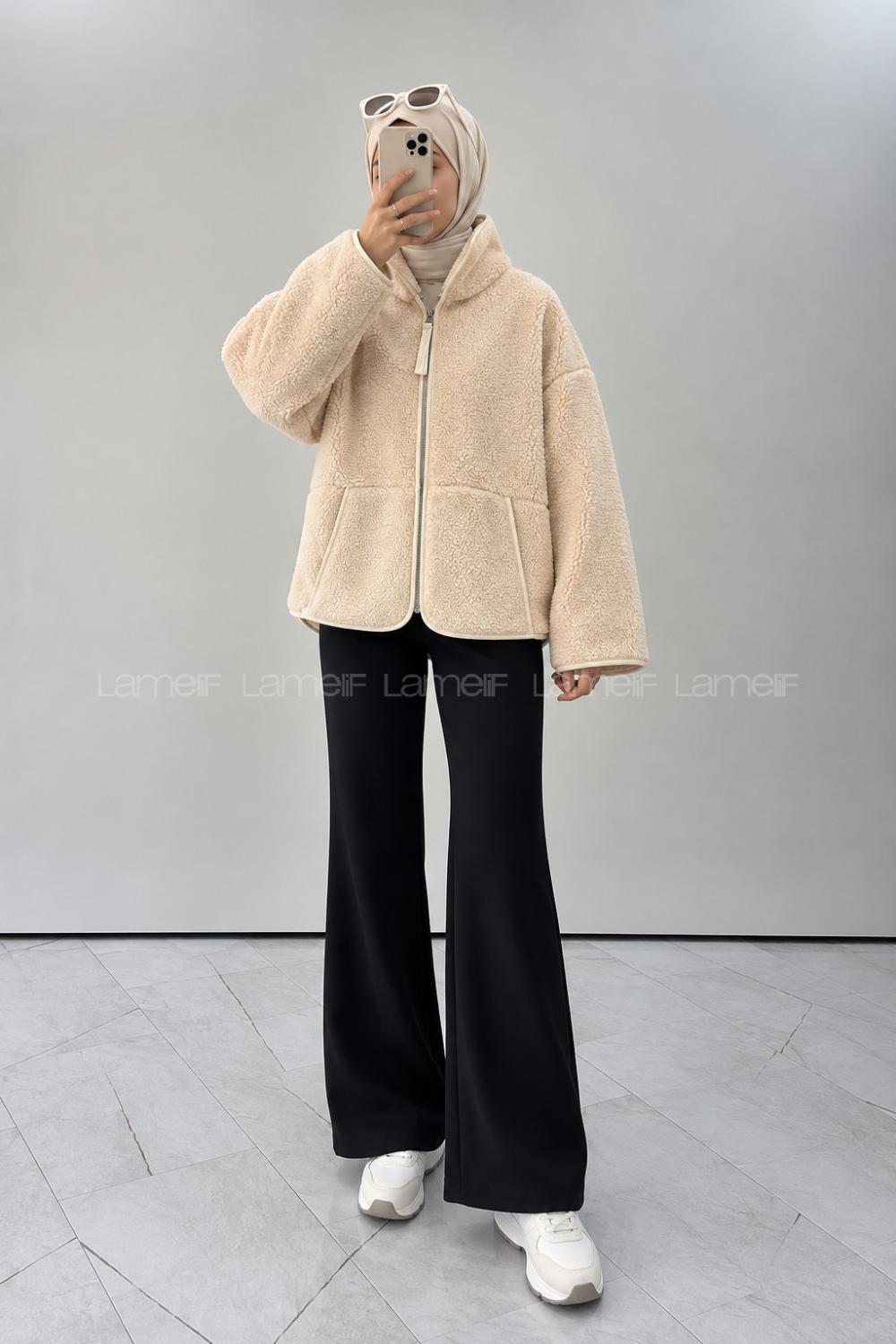 Lamelif Dik Yaka Polar Sweatshirt Ekru