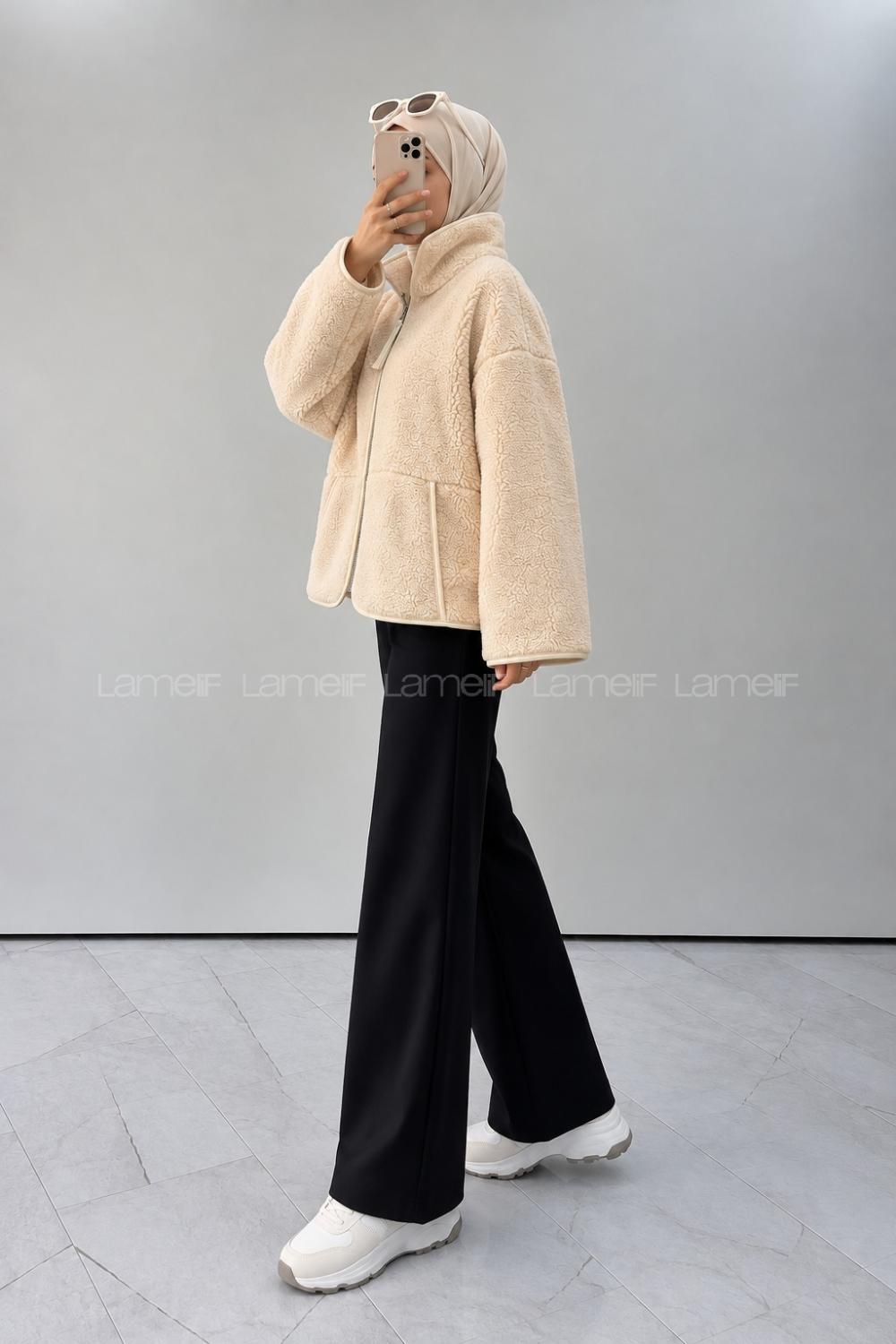 Lamelif Dik Yaka Polar Sweatshirt Ekru