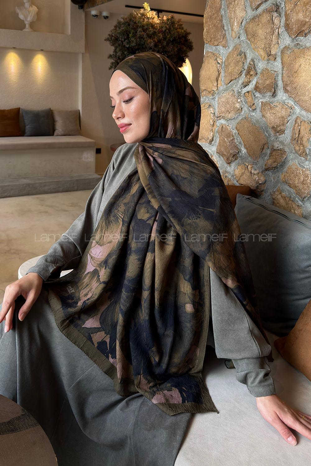 Lamelif Flower Desen Bambu Şal Kına Yeşili