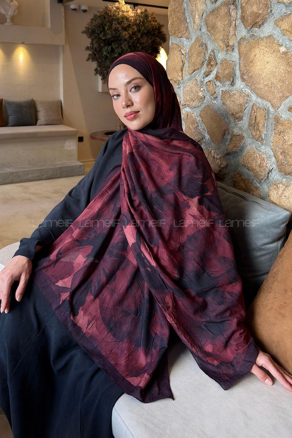 Lamelif Flower Desen Bambu Şal Koyu Bordo