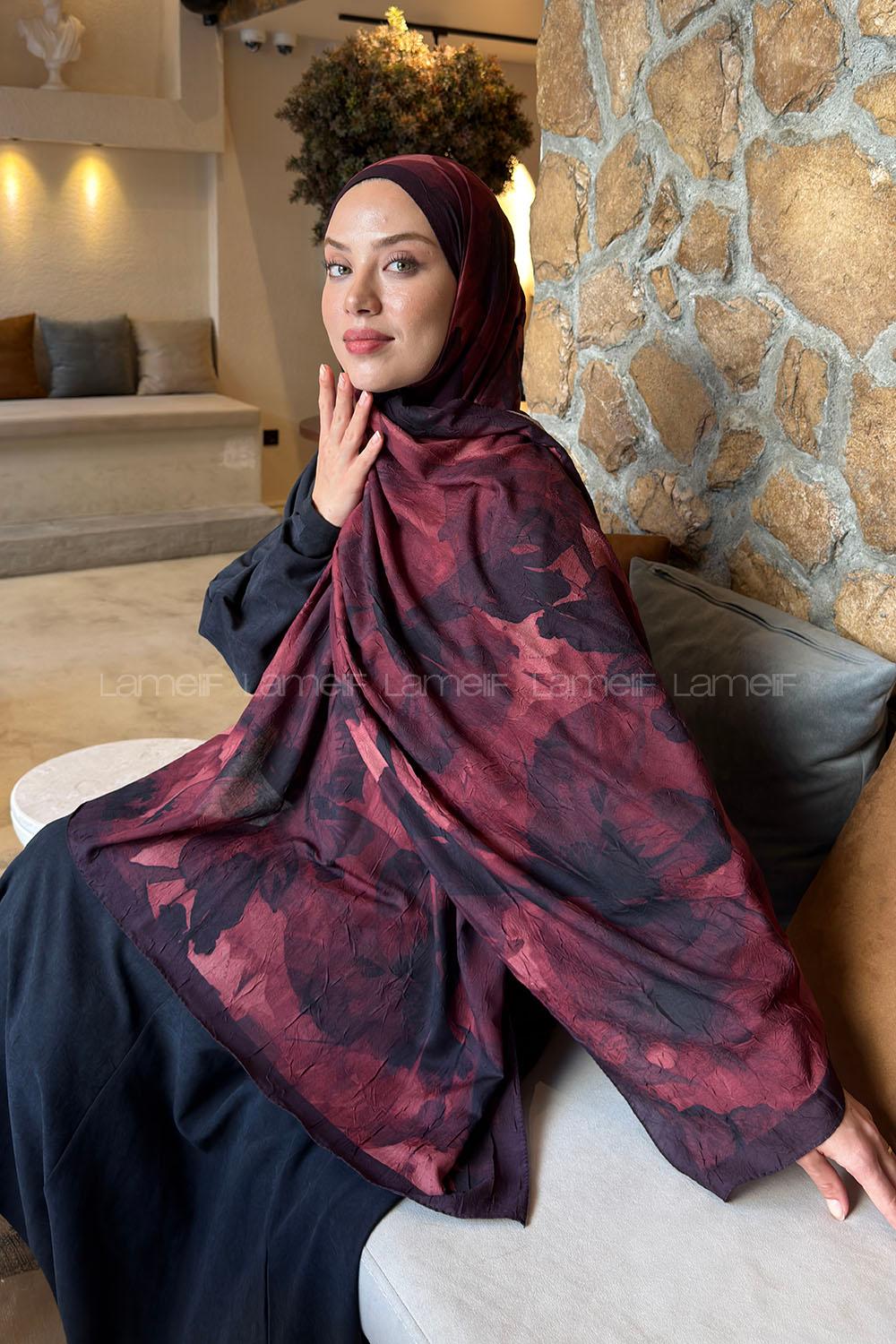 Lamelif Flower Desen Bambu Şal Koyu Bordo