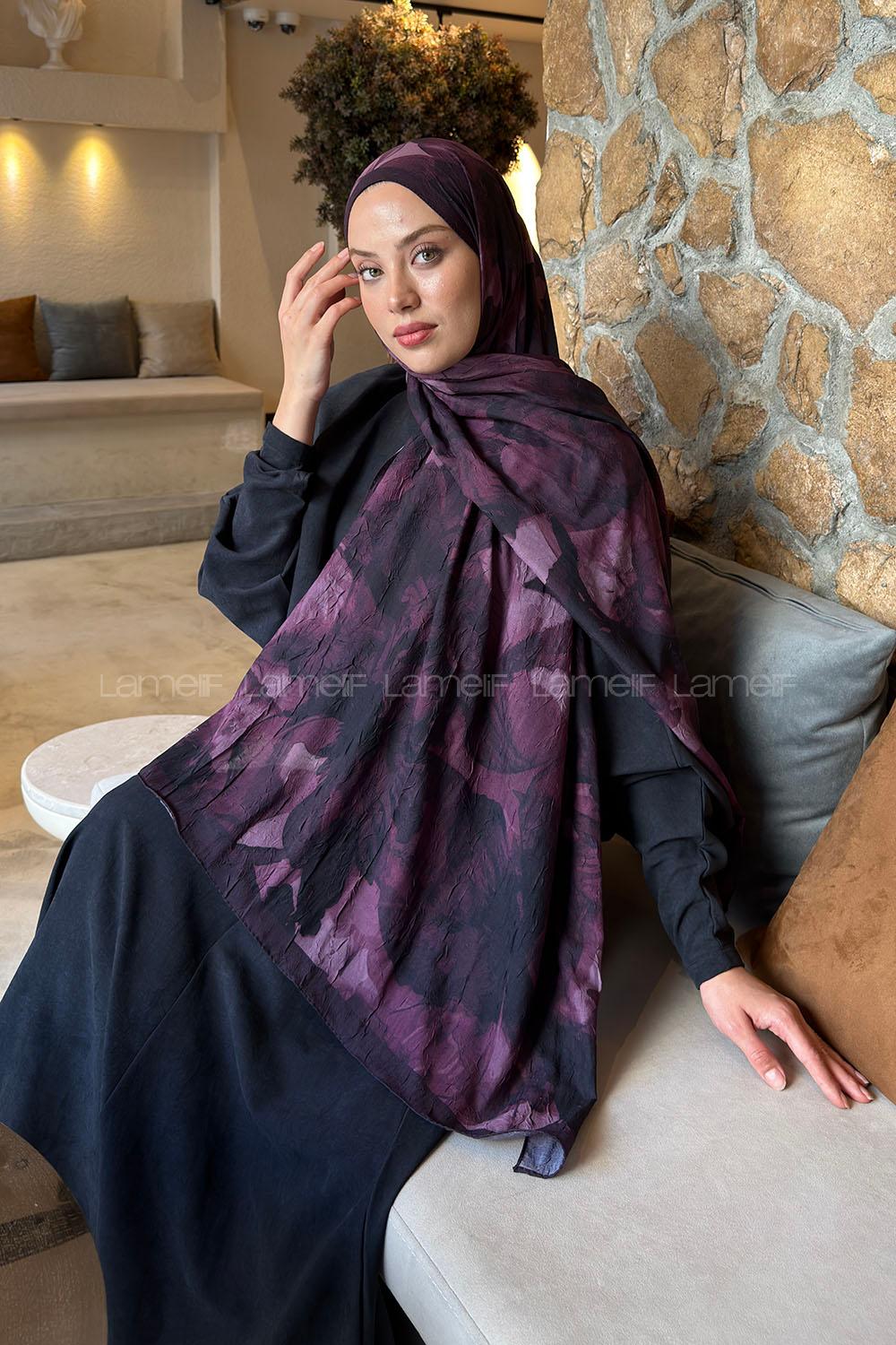 Lamelif Flower Desen Bambu Şal Mürdüm