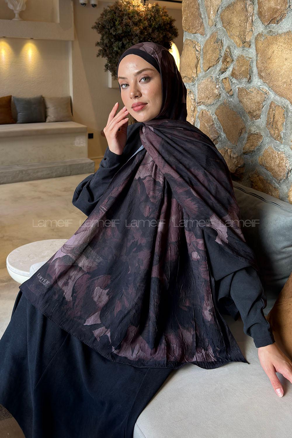 Lamelif Flower Desen Bambu Şal Siyah Badem