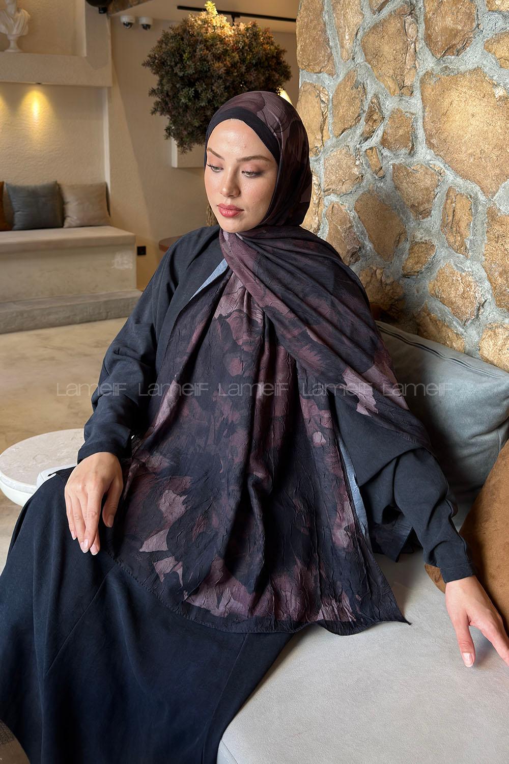 Lamelif Flower Desen Bambu Şal Siyah Badem