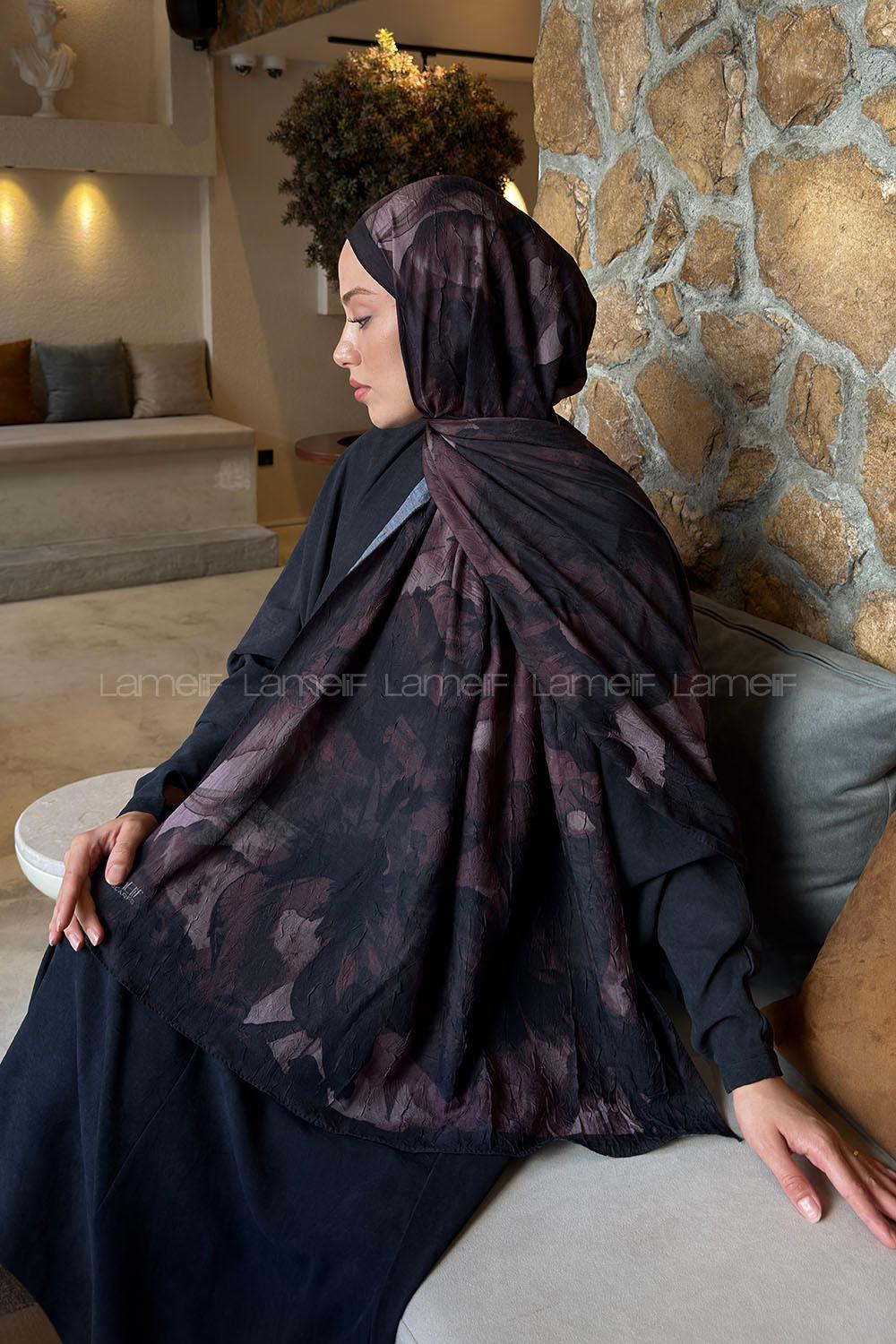 Lamelif Flower Desen Bambu Şal Siyah Badem
