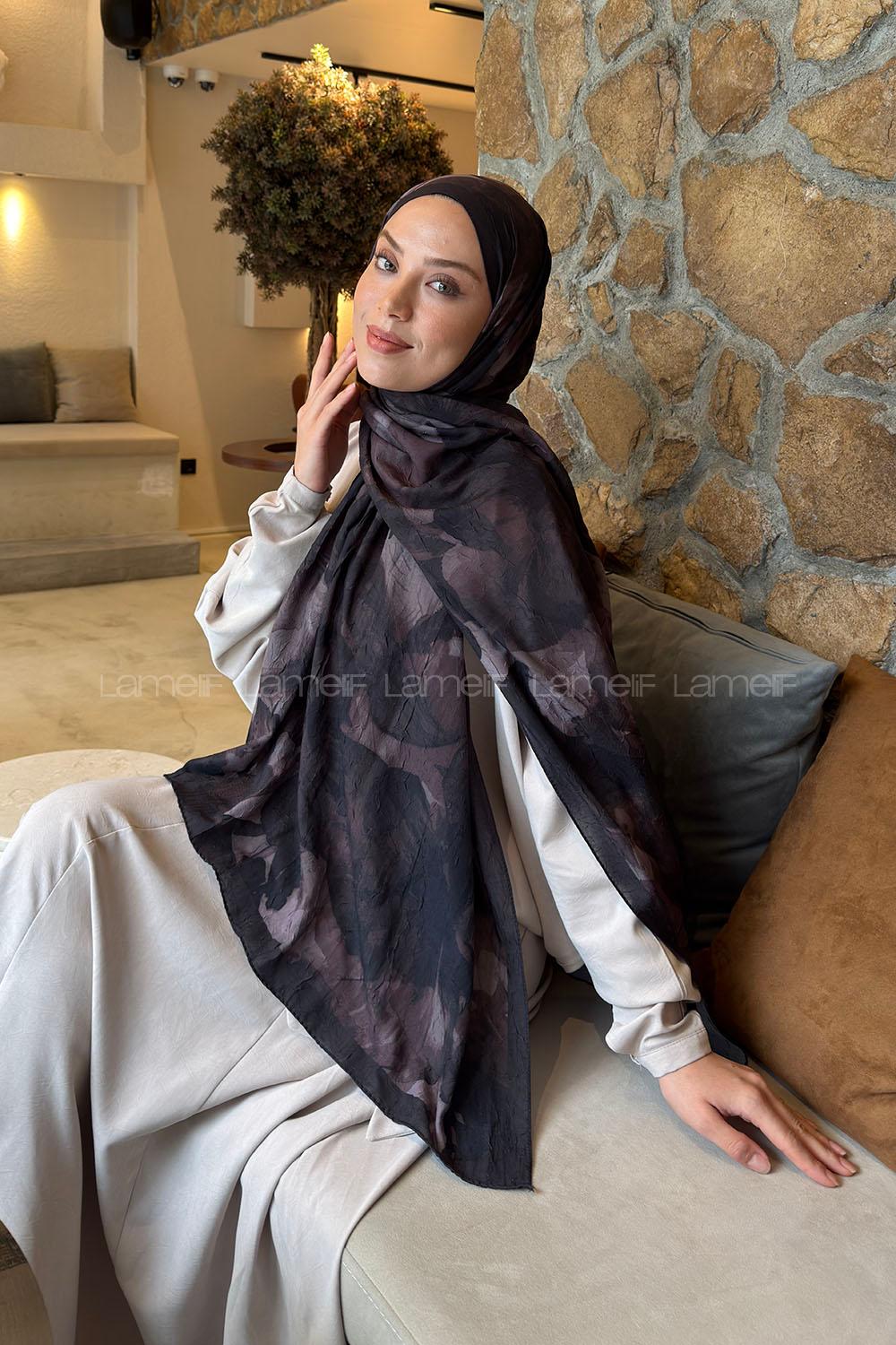 Lamelif Flower Desen Bambu Şal Siyah Kahverengi
