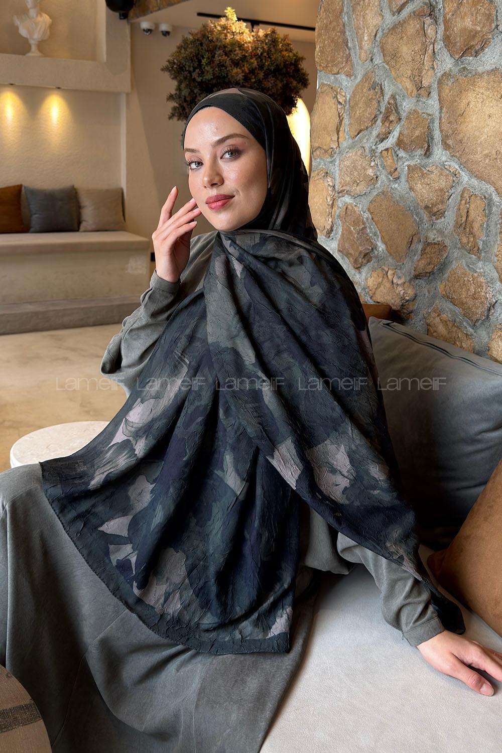 Lamelif Flower Desen Bambu Şal Yaprak Yeşili