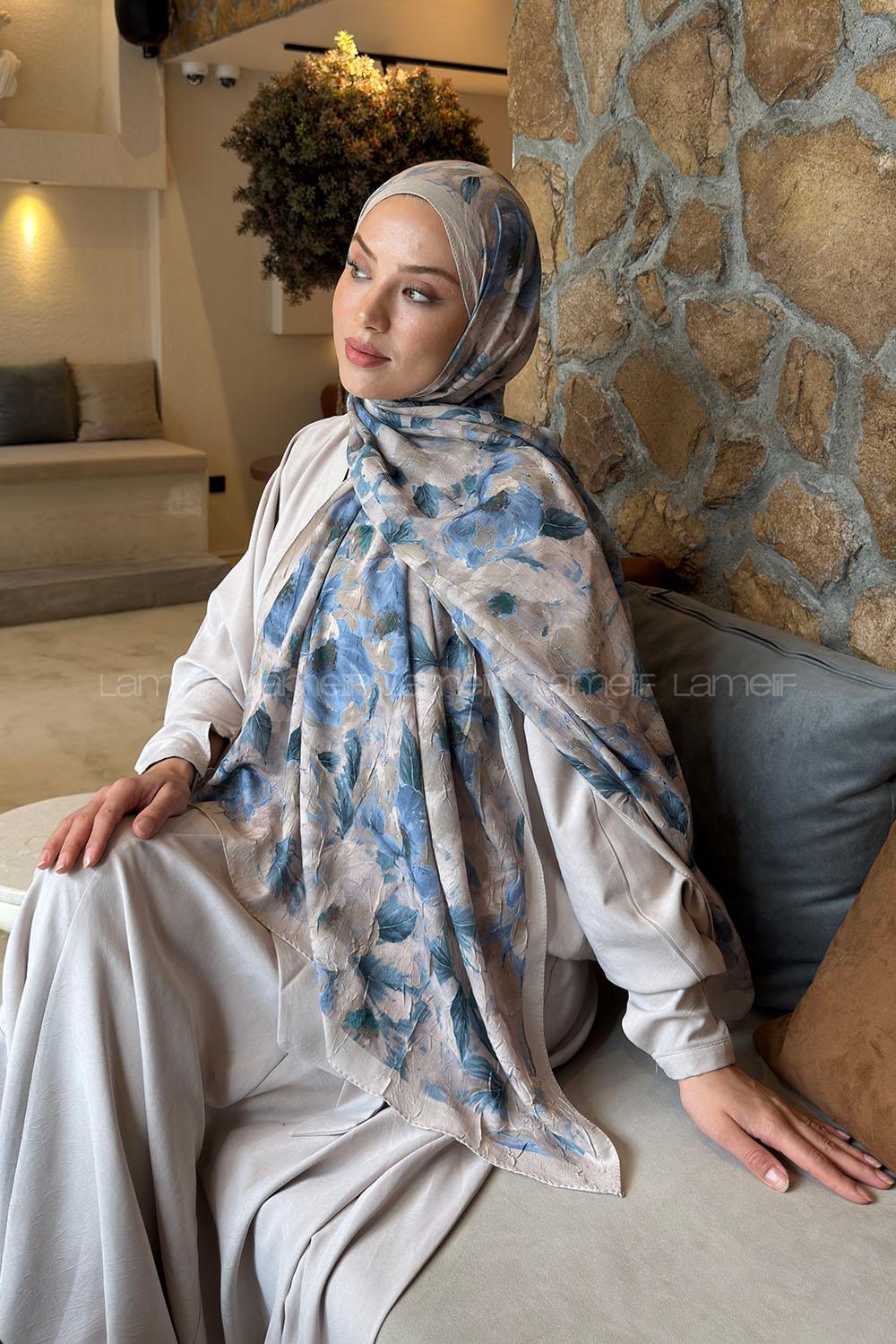 Lamelif Lotus Desen Bambu Şal Bej Mavi