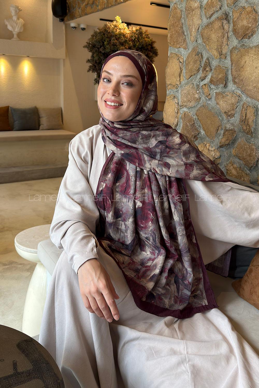 Lamelif Lotus Desen Bambu Şal Koyu Bordo