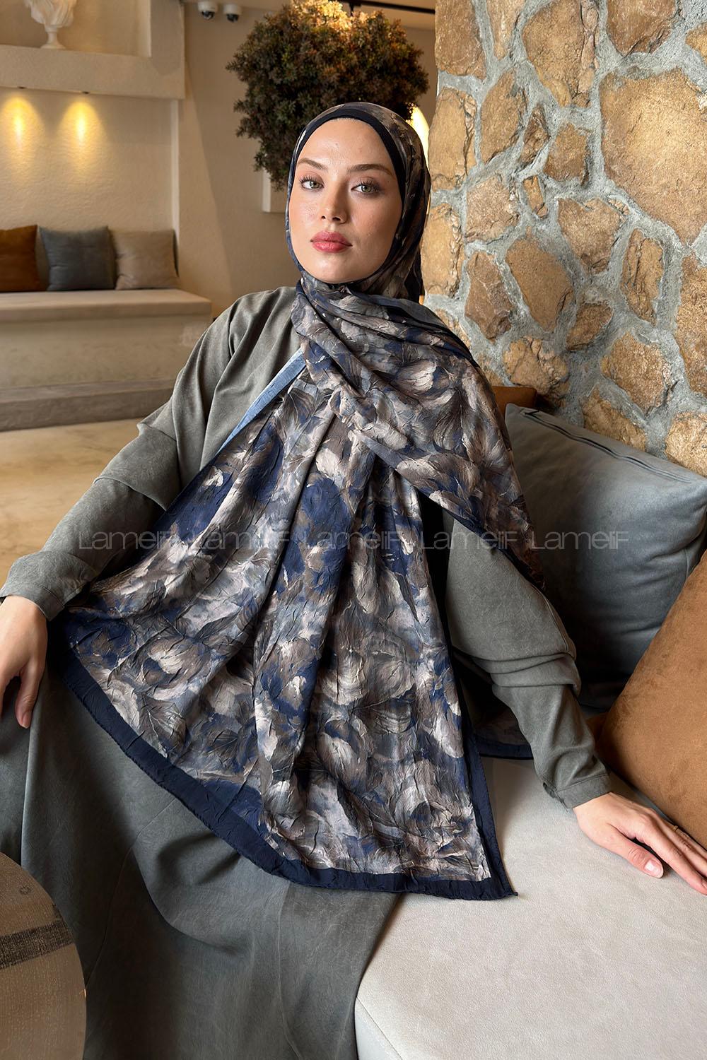 Lamelif Lotus Desen Bambu Şal Lacivert