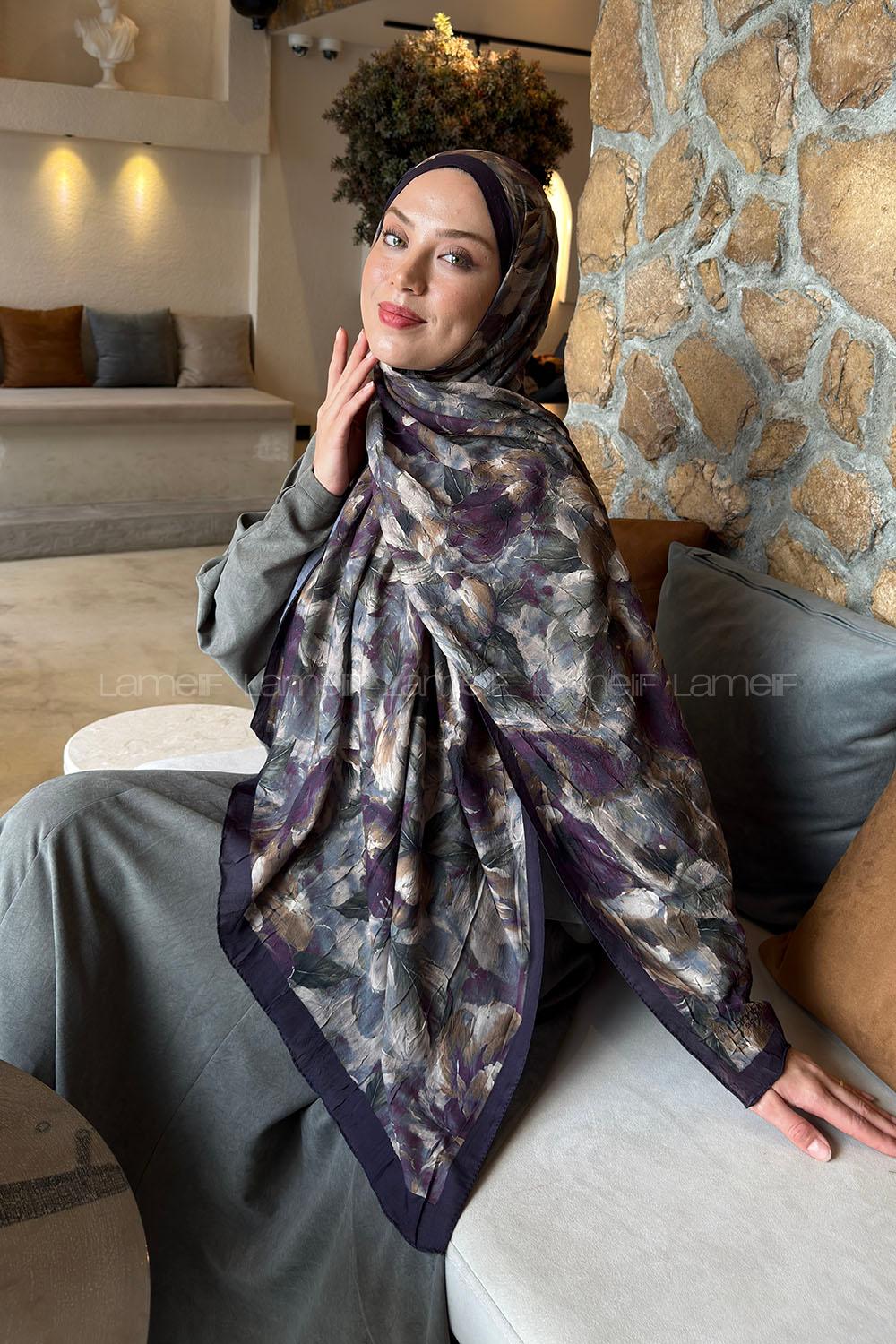 Lamelif Lotus Desen Bambu Şal Yeşil Mürdüm