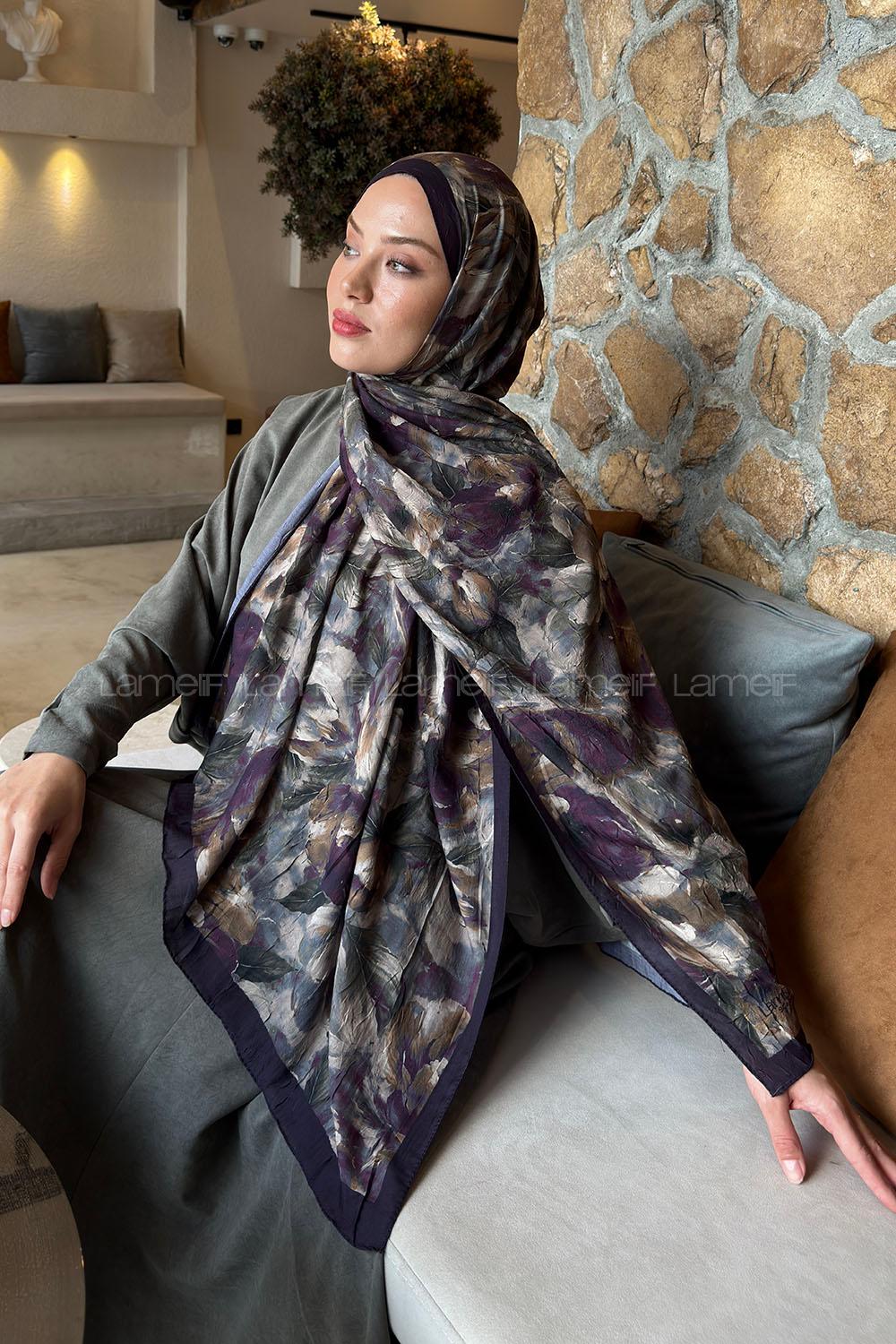 Lamelif Lotus Desen Bambu Şal Yeşil Mürdüm