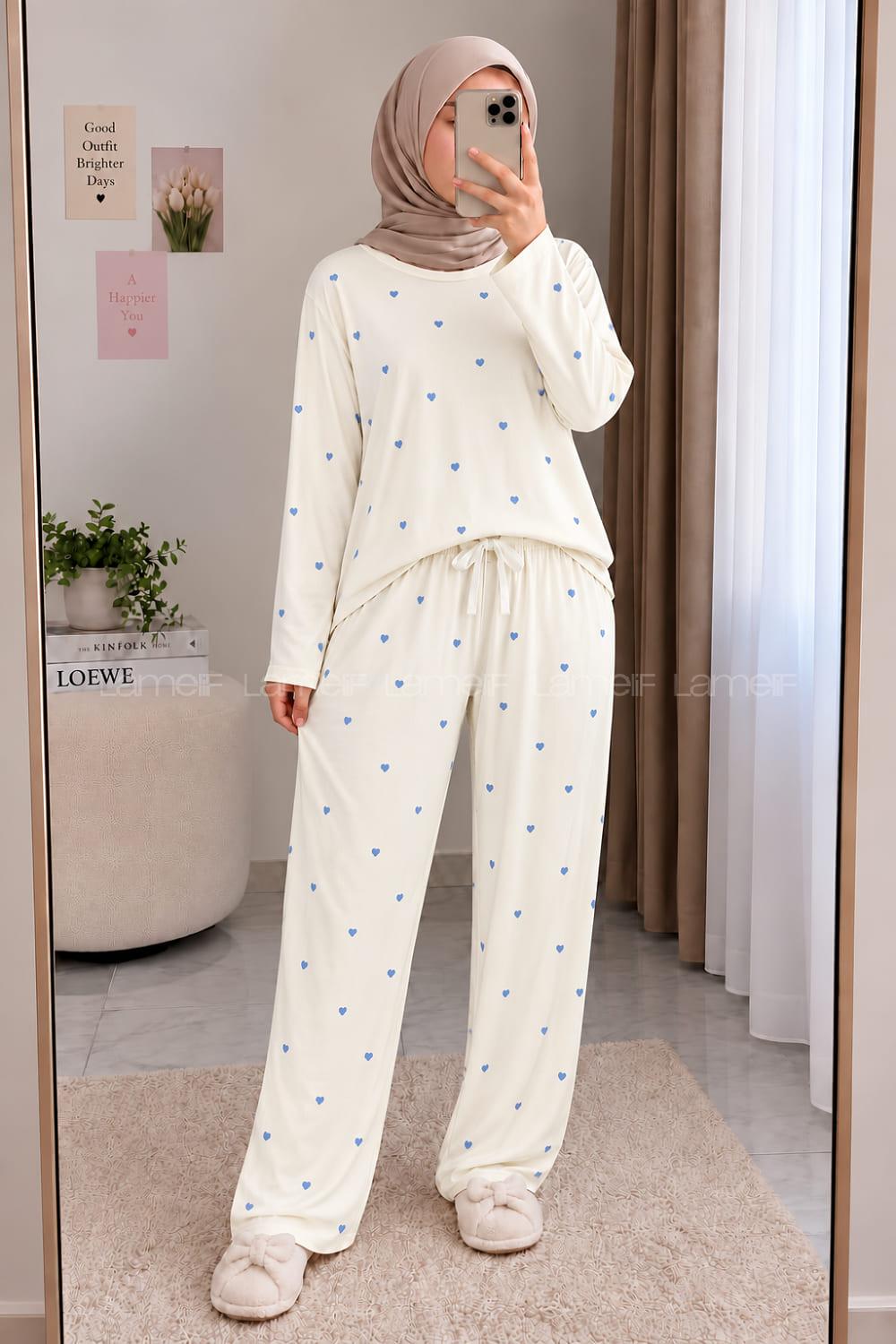 Lamelif Mavi Kalp Desenli Pijama Takımı