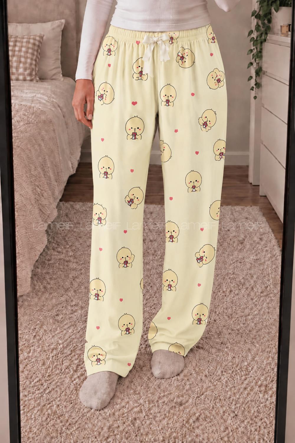 Lamelif Milan Kumaş Civciv Desenli Pijama Altı