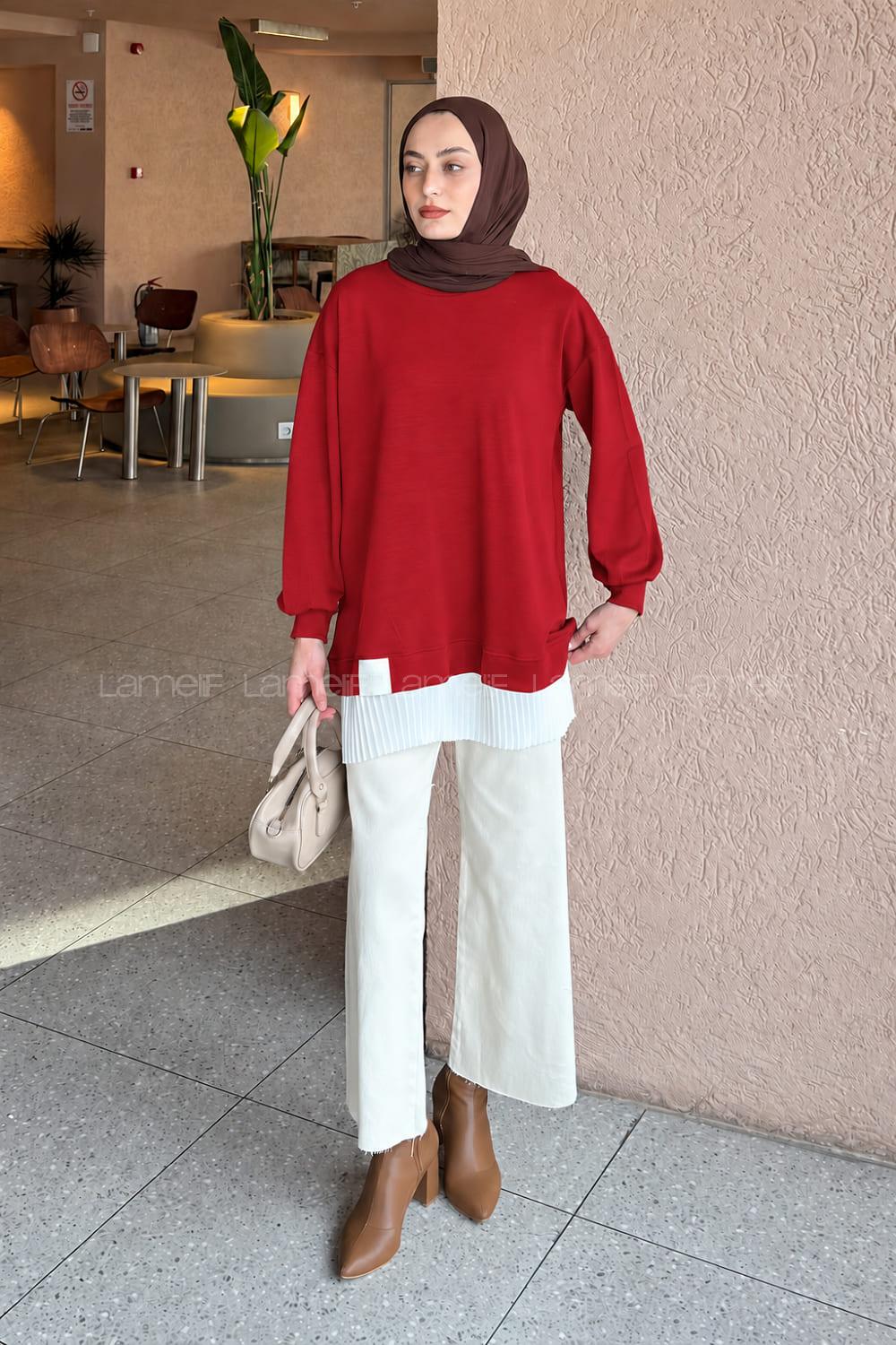 Lamelif Pilise Detaylı Tunik Kırmızı