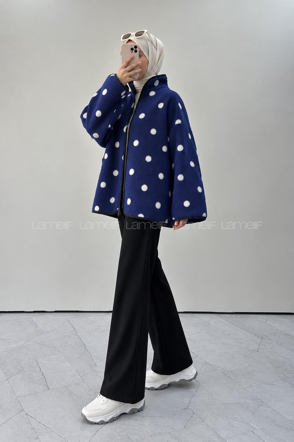 Lamelif Puantiye Desenli Polar Sweatshirt Lacivert