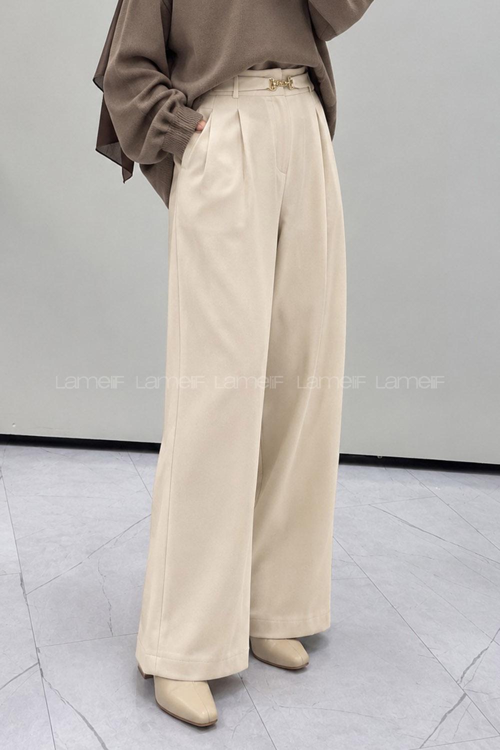 Cream Polyester High Waist Pants