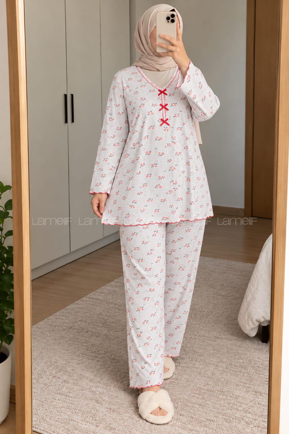 Lamelif Big Size (Büyük Beden) Çiçek Detaylı Pijama Takımı