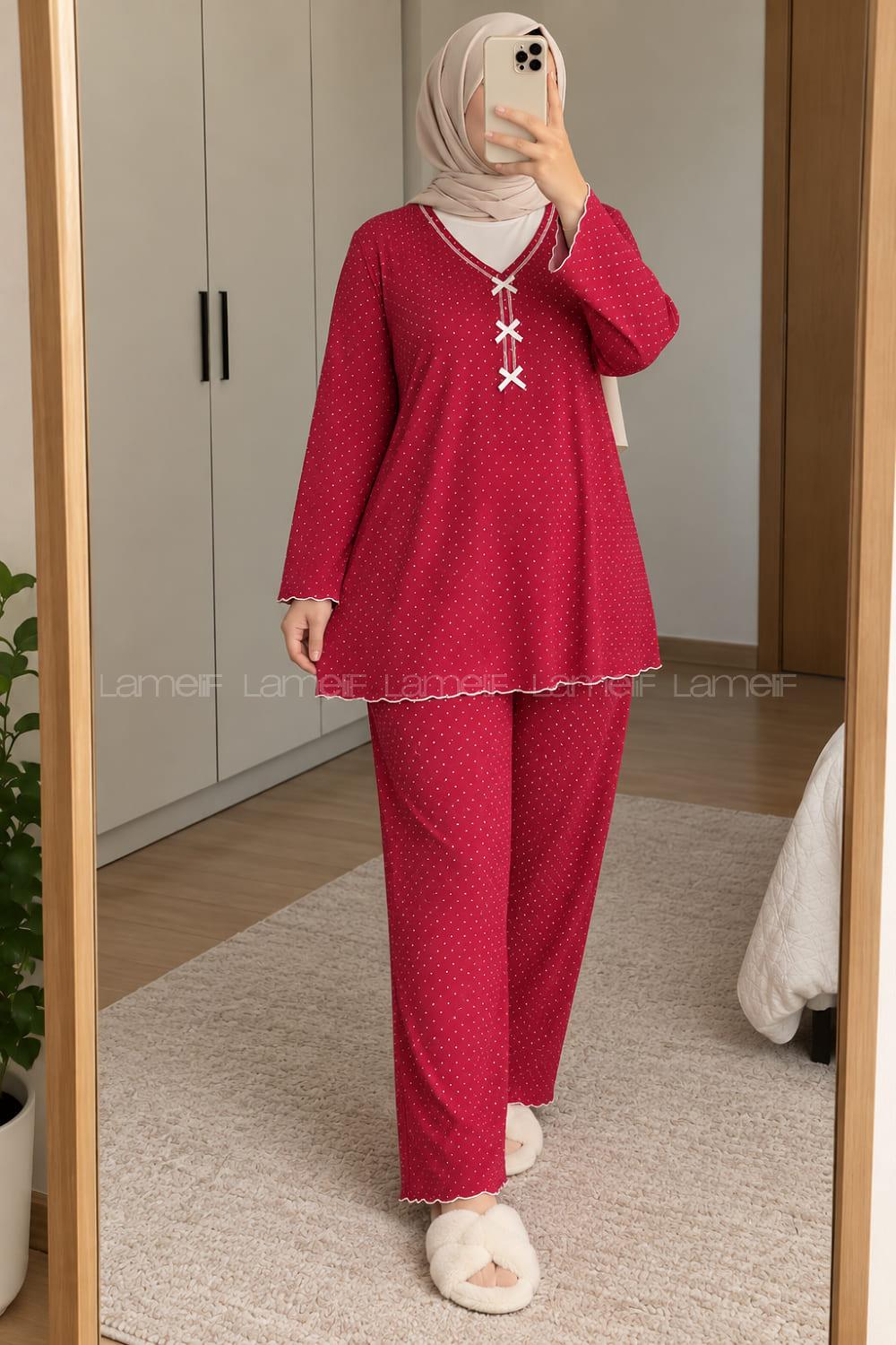 Lamelif Big Size (Büyük Beden) Puantiyeli Fiyonk Detaylı Pijama Takımı