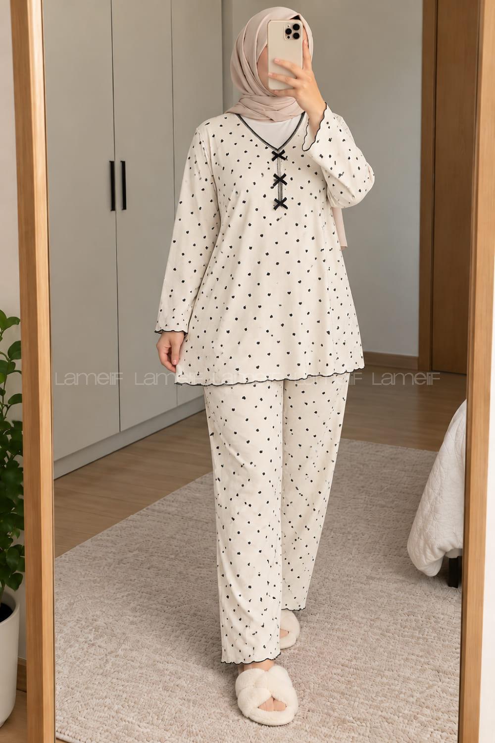 Lamelif Big Size (Büyük Beden) Siyah Kalp Detaylı Pijama Takımı