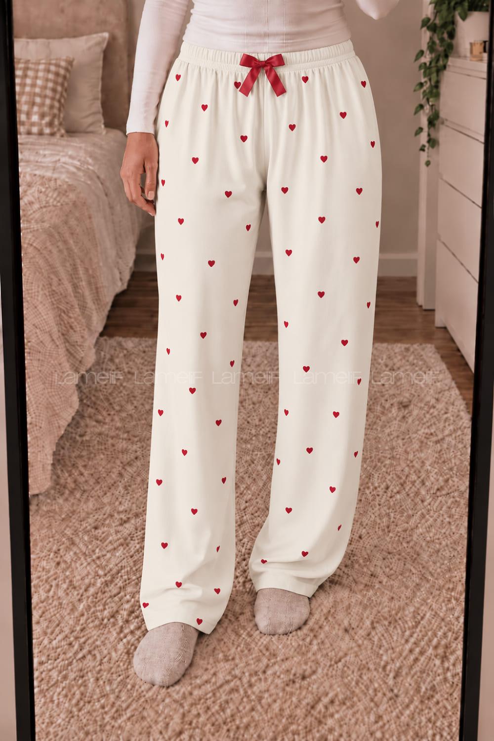 Lamelif Milan Kumaş Kırmızı Kalp Desenli Pijama Altı