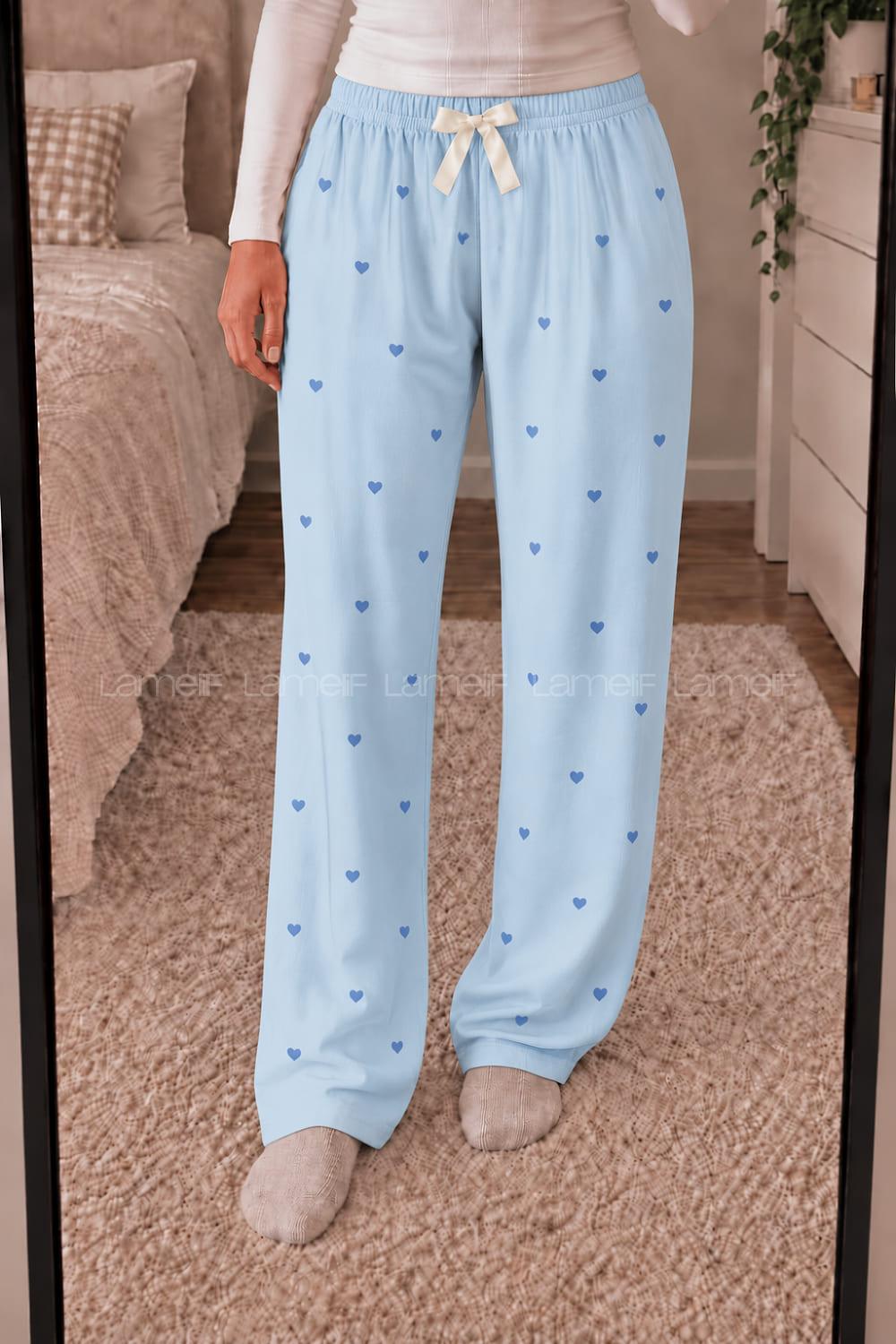 Lamelif Milan Kumaş Mavi Kalp Desenli Pijama Altı