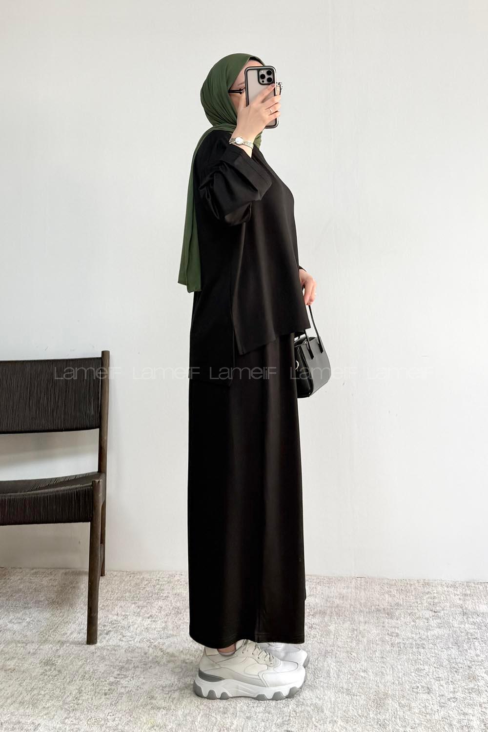Black Crew Neck Long Arm Without Accessories Regular Trousers Suit