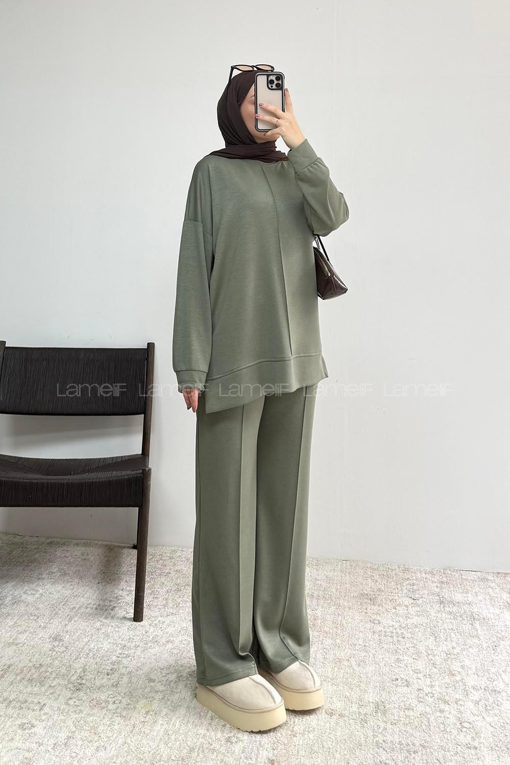 Khaki Crew Neck Long Arm Without Accessories Regular Trousers Suit