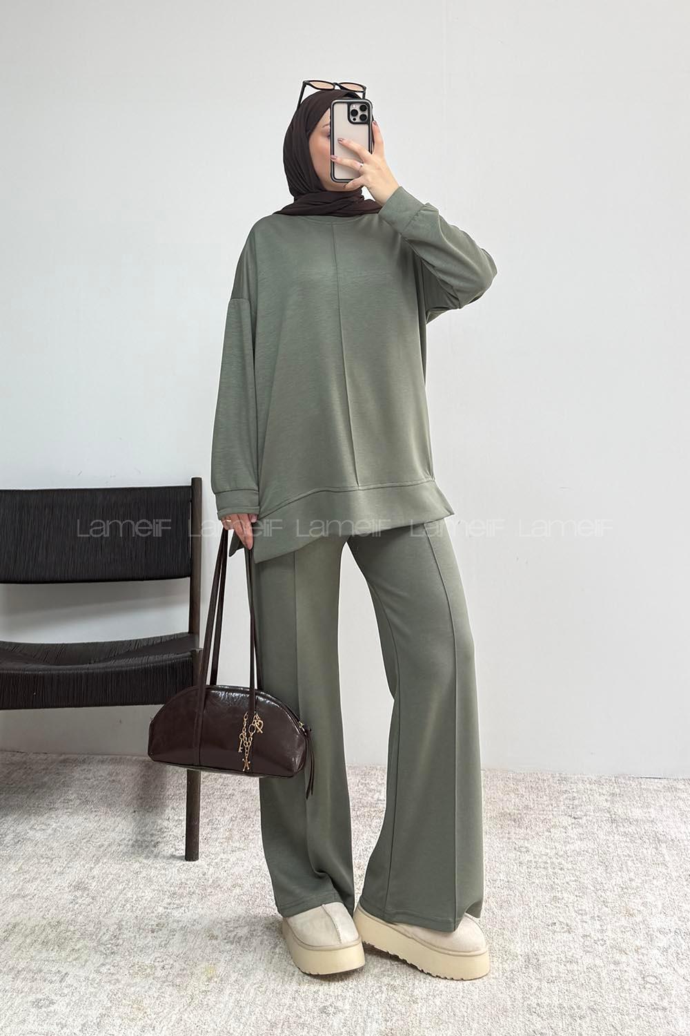 Khaki Crew Neck Long Arm Without Accessories Regular Trousers Suit