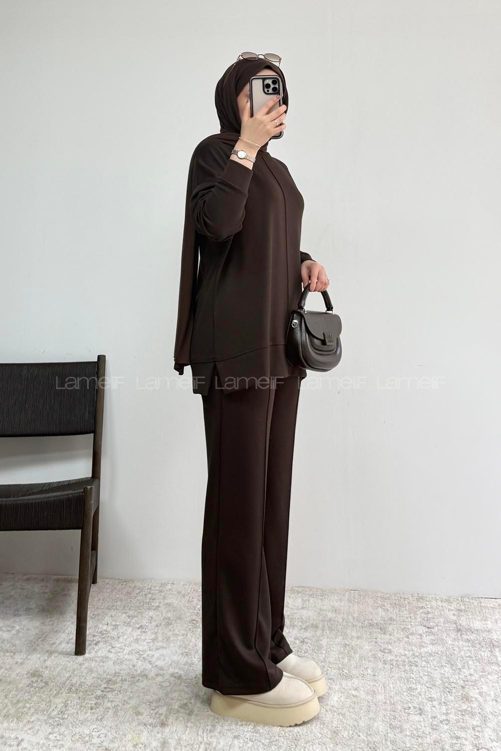 Brown Crew Neck Long Arm Without Accessories Regular Trousers Suit