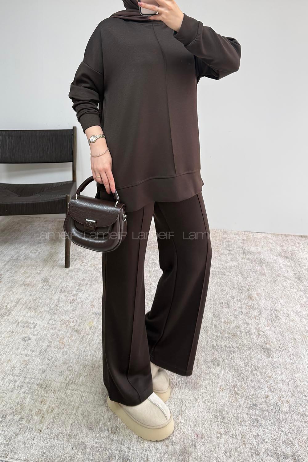 Brown Crew Neck Long Arm Without Accessories Regular Trousers Suit