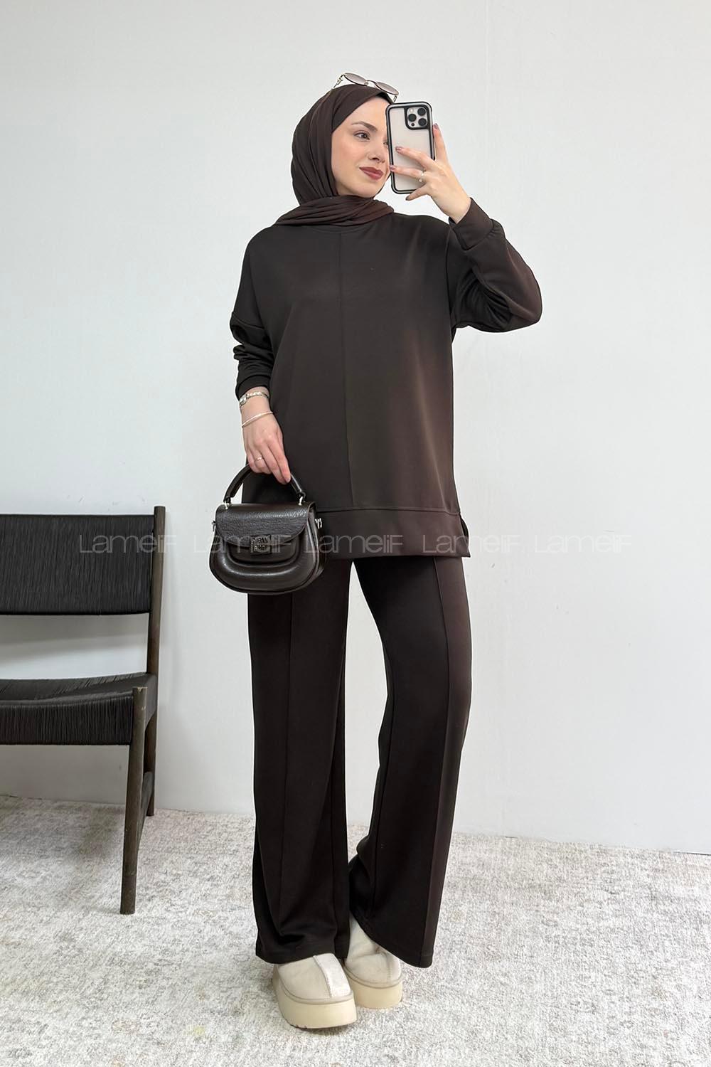 Brown Crew Neck Long Arm Without Accessories Regular Trousers Suit