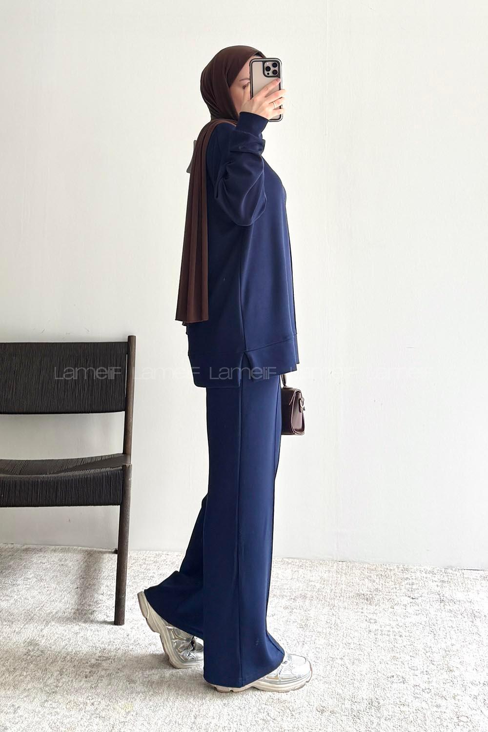 Navy Blue Crew Neck Long Arm Without Accessories Regular Trousers Suit