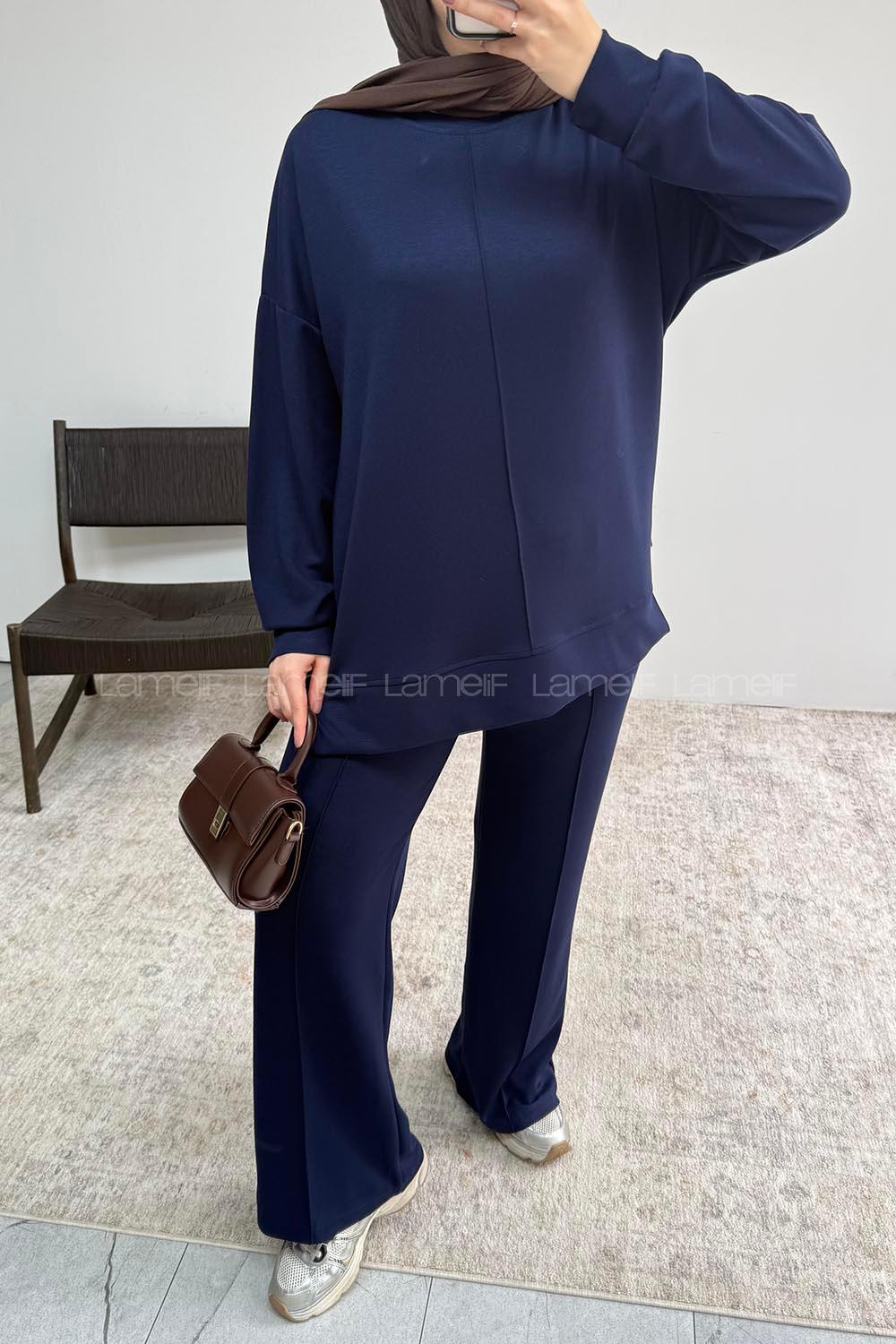 Navy Blue Crew Neck Long Arm Without Accessories Regular Trousers Suit
