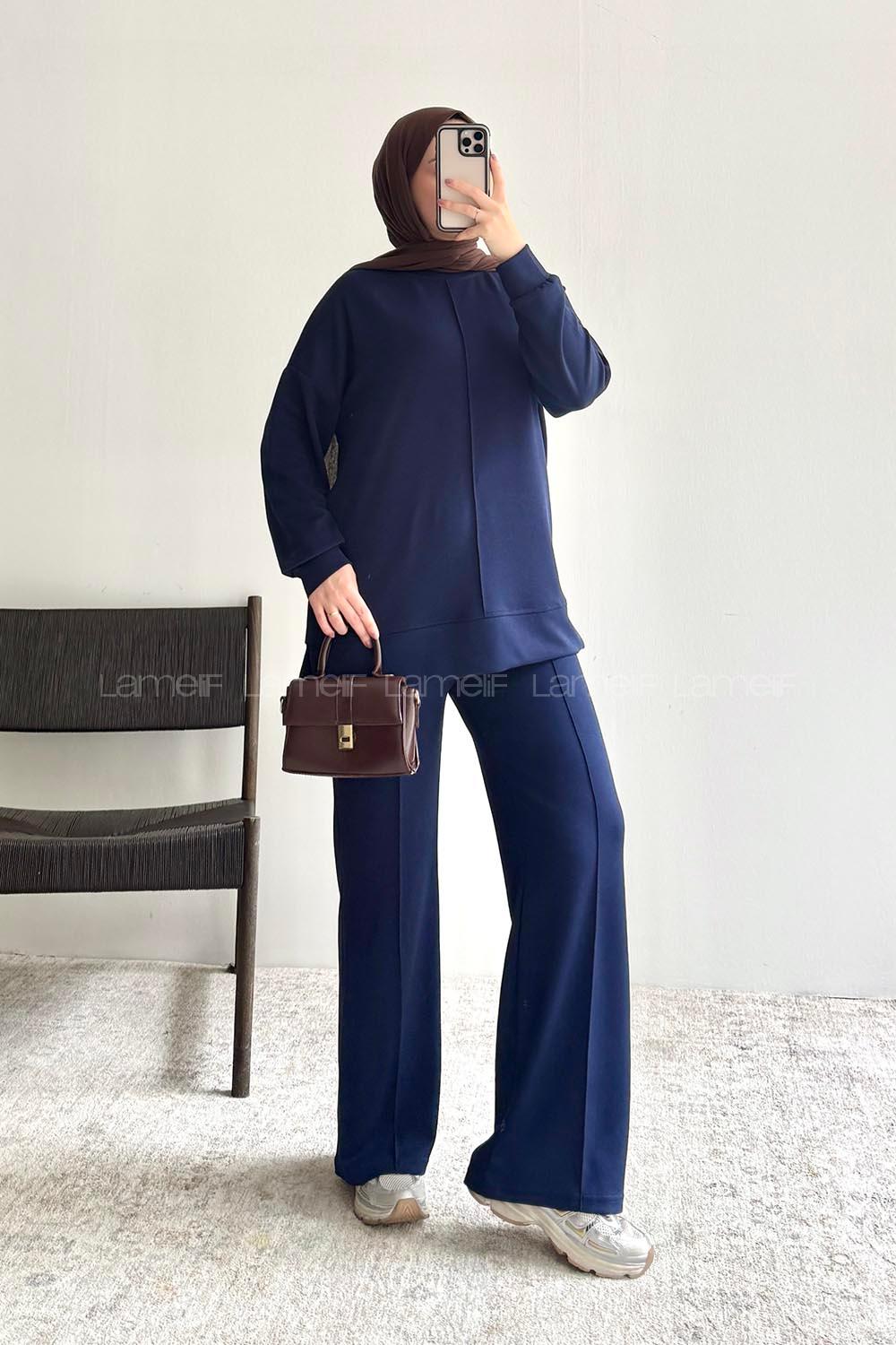 Navy Blue Crew Neck Long Arm Without Accessories Regular Trousers Suit