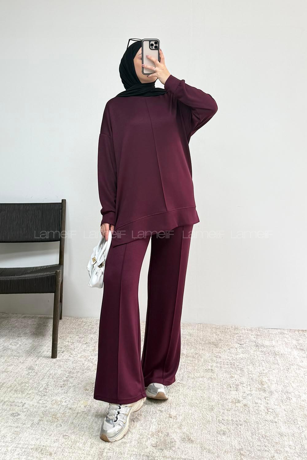 Plum Crew Neck Long Arm Without Accessories Regular Trousers Suit
