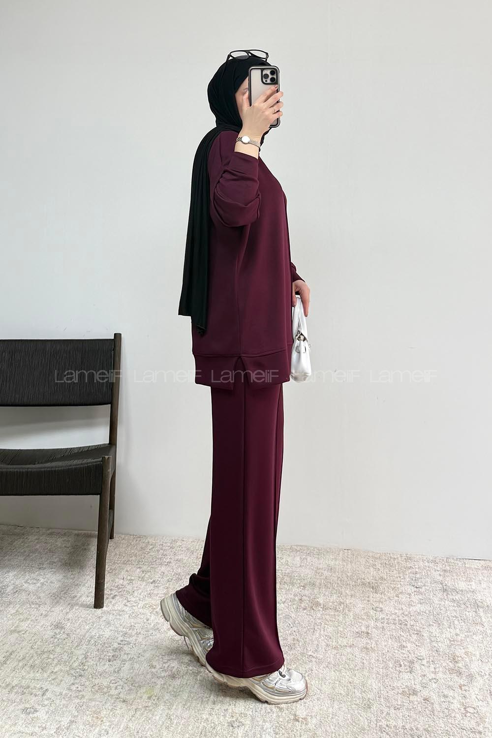 Plum Crew Neck Long Arm Without Accessories Regular Trousers Suit