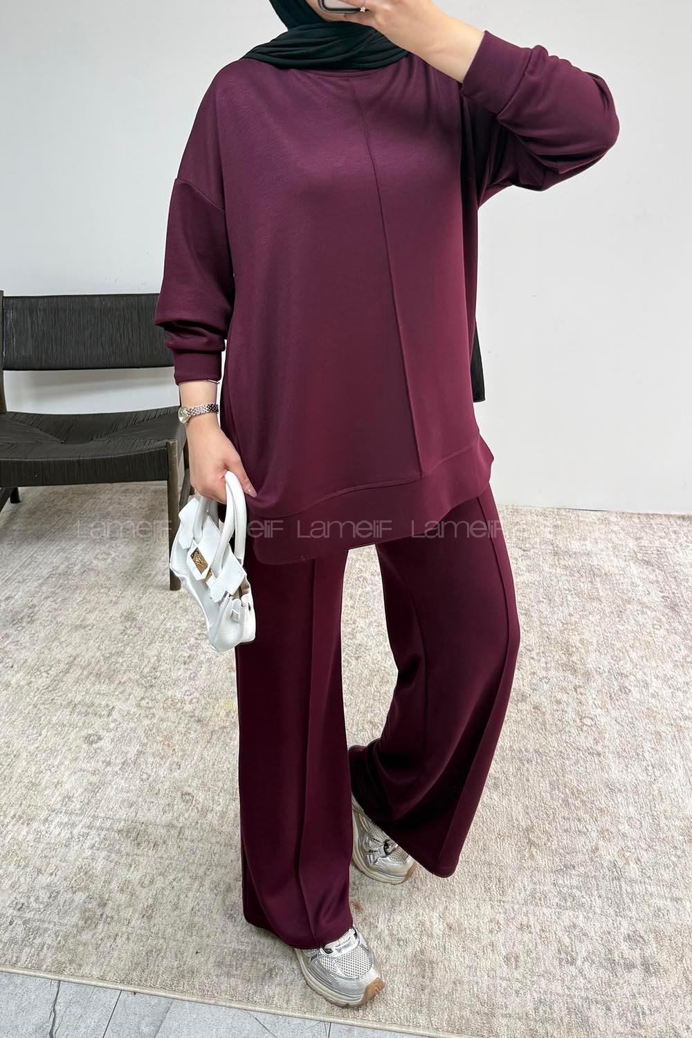 Plum Crew Neck Long Arm Without Accessories Regular Trousers Suit