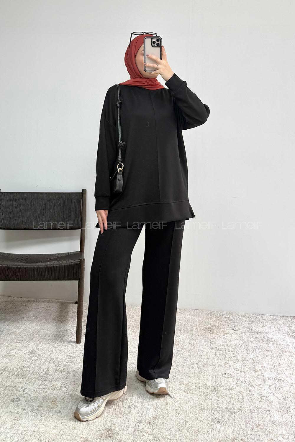 Black Crew Neck Long Arm Without Accessories Regular Trousers Suit