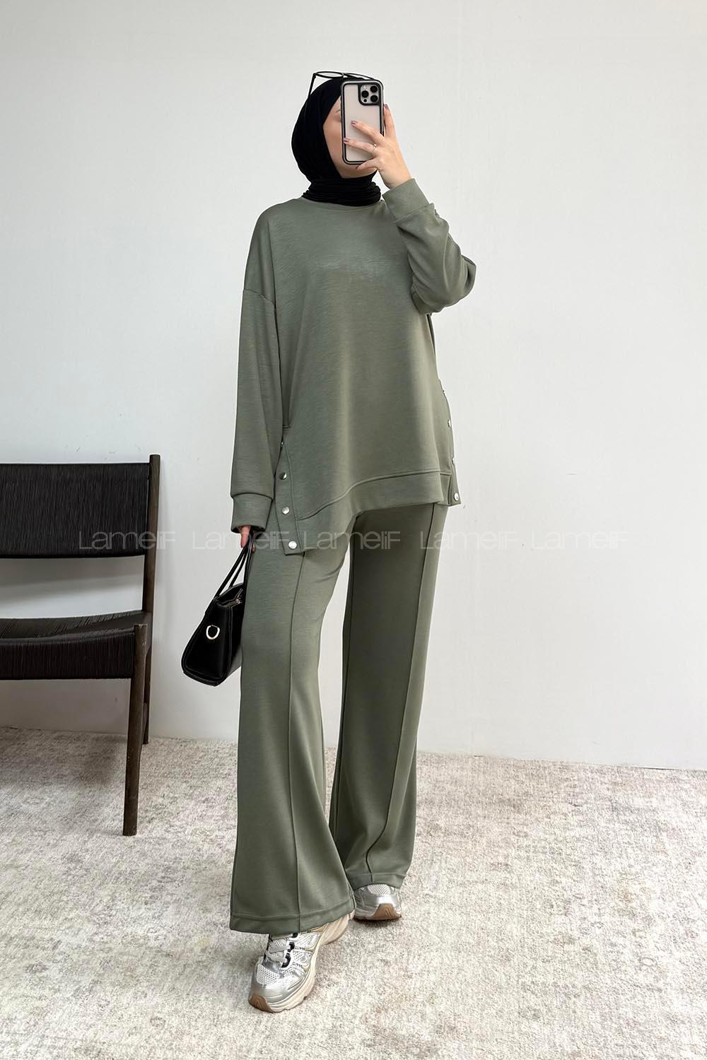 Khaki Crew Neck Long Arm Without Accessories Regular Trousers Suit