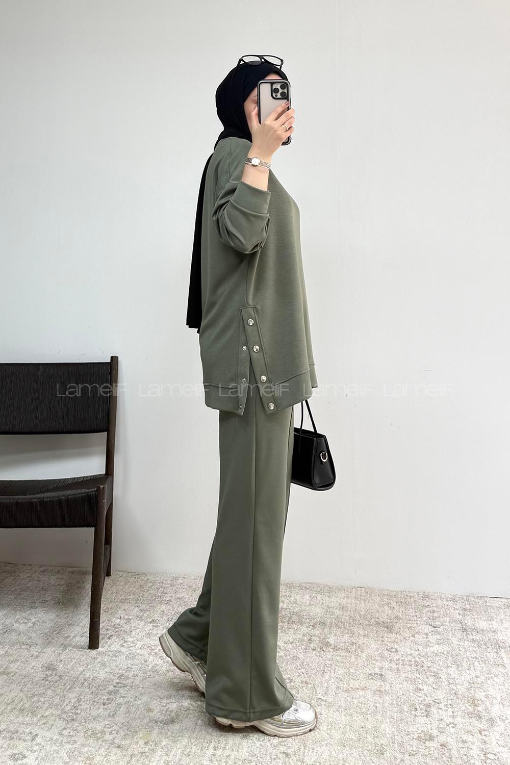 Khaki Crew Neck Long Arm Without Accessories Regular Trousers Suit