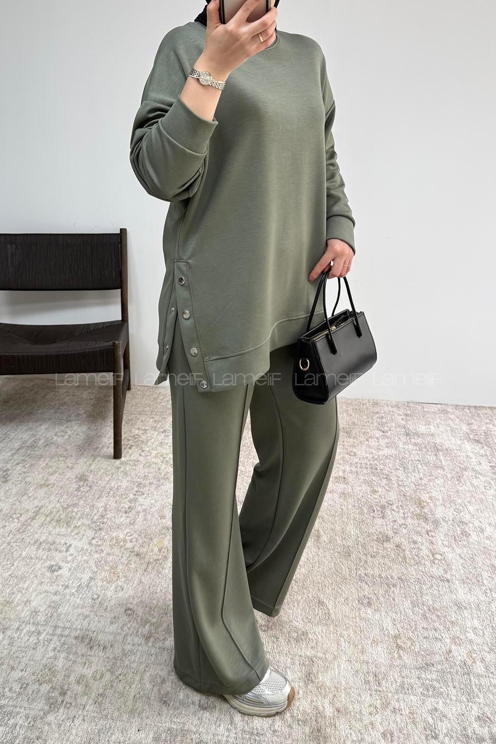 Khaki Crew Neck Long Arm Without Accessories Regular Trousers Suit