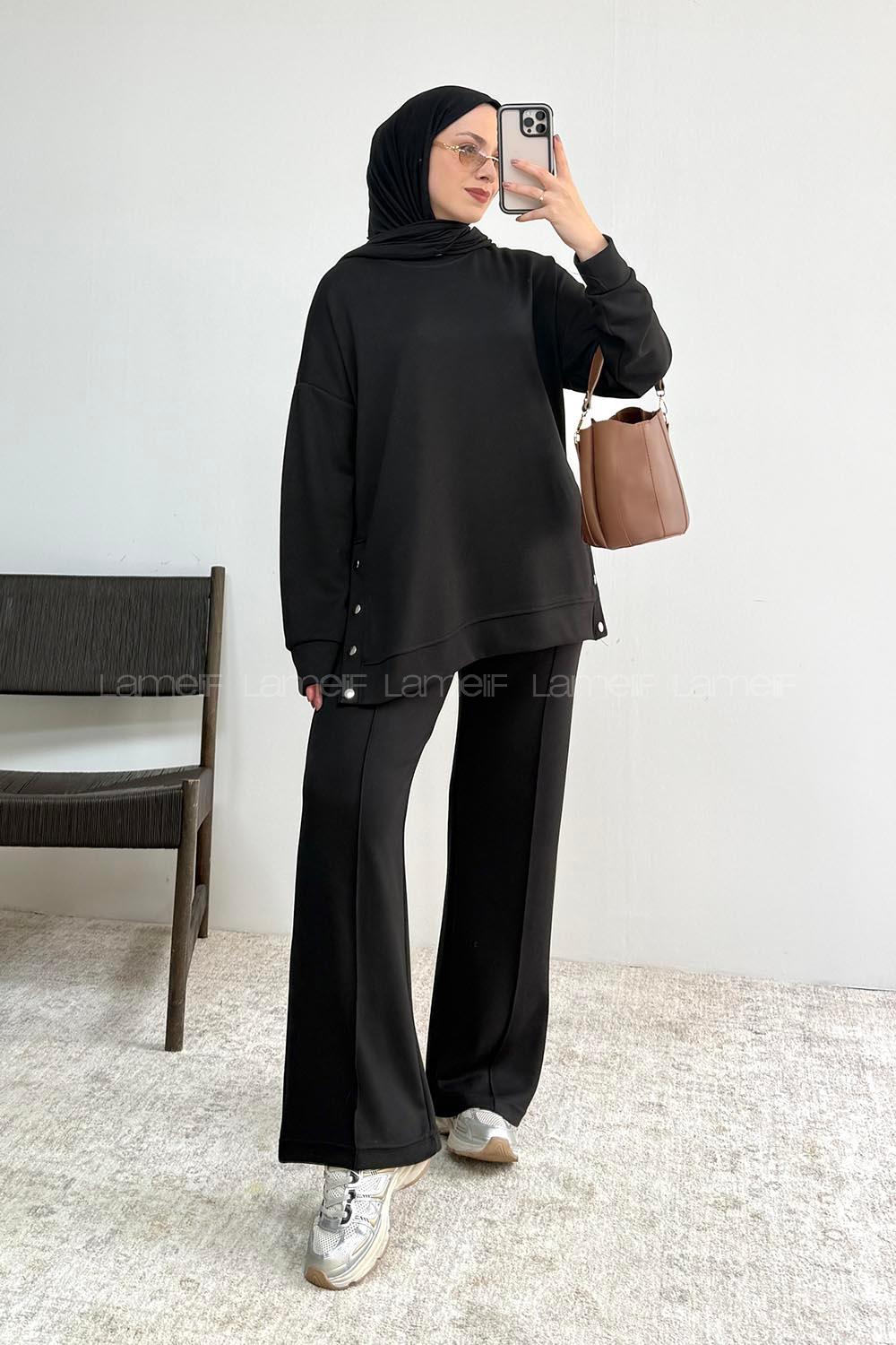 Black Crew Neck Long Arm Without Accessories Regular Trousers Suit