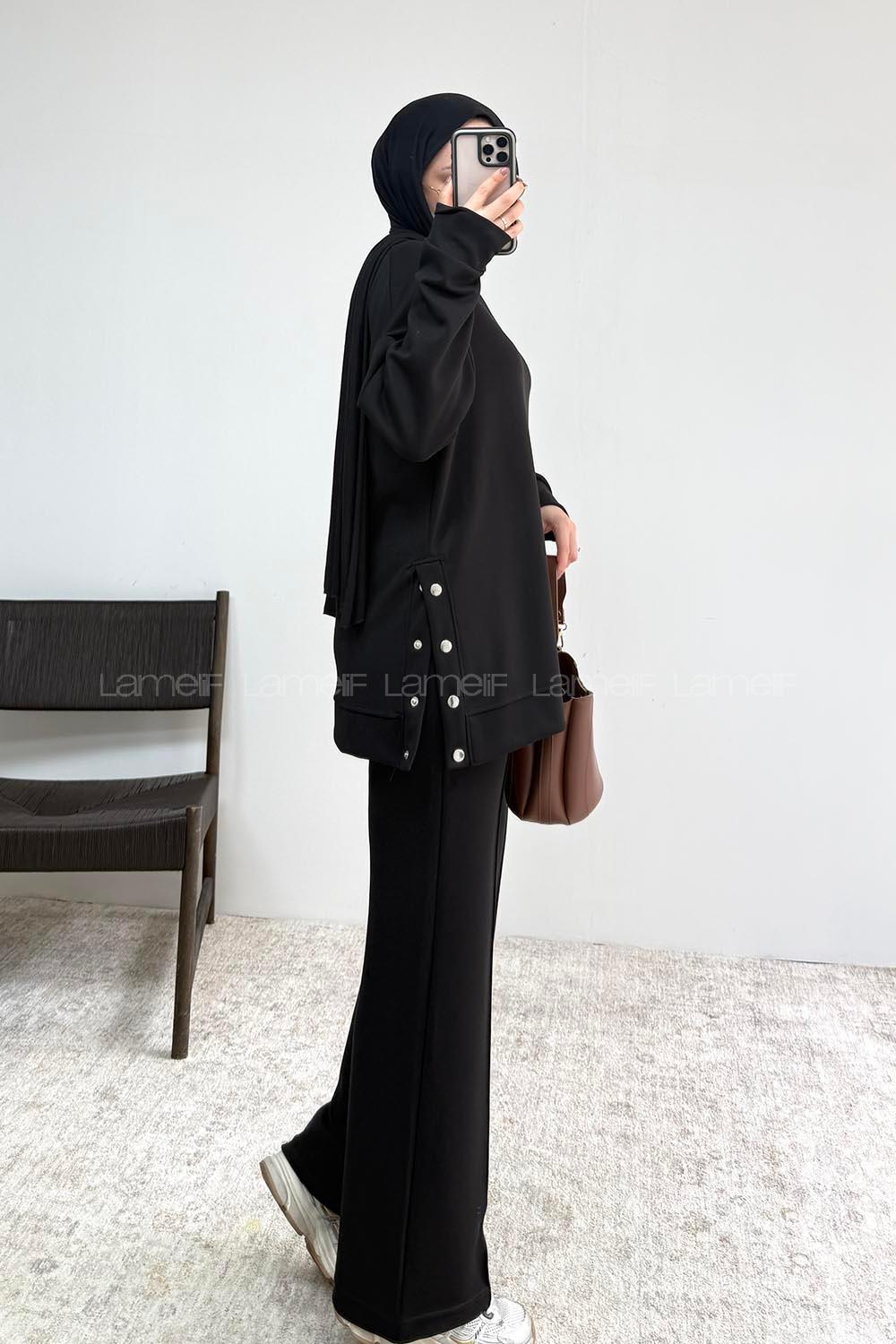 Black Crew Neck Long Arm Without Accessories Regular Trousers Suit