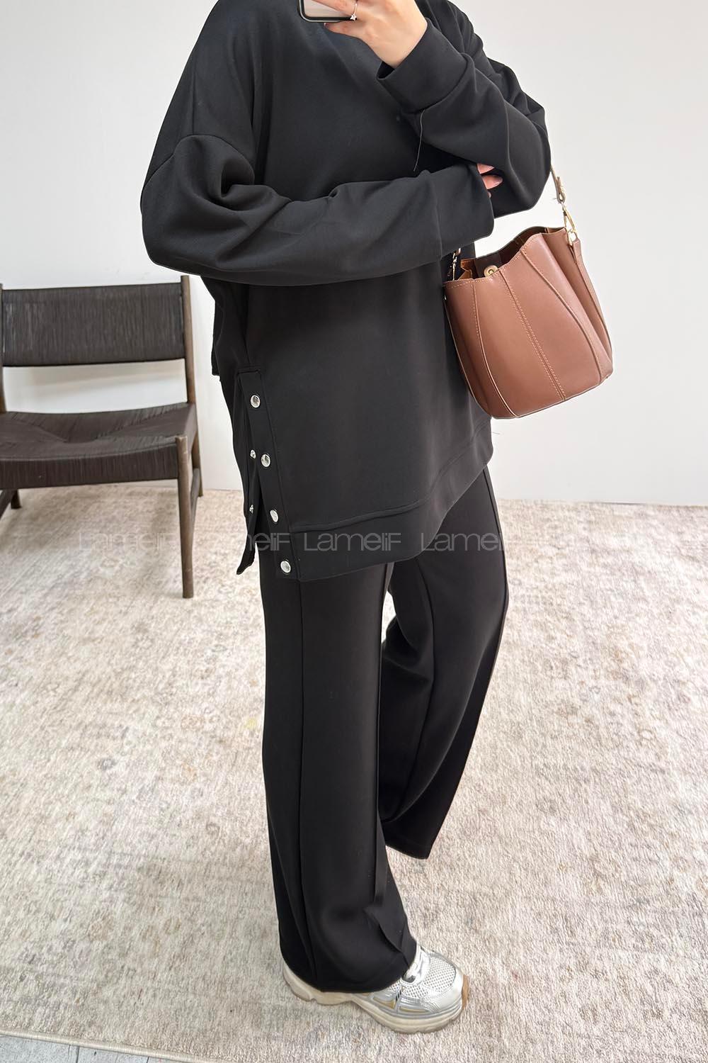Black Crew Neck Long Arm Without Accessories Regular Trousers Suit